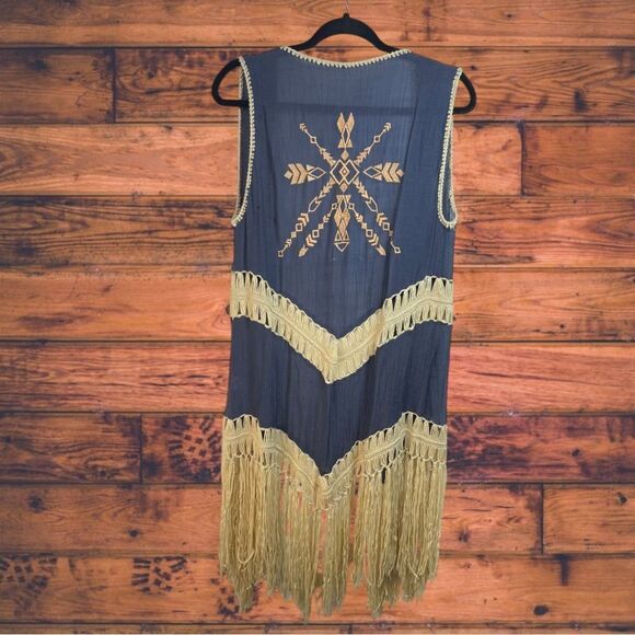 5 for $25🔥Navy Blue Knit Long Fringe Sleeveless Kimono Small - Picture 2 of 6